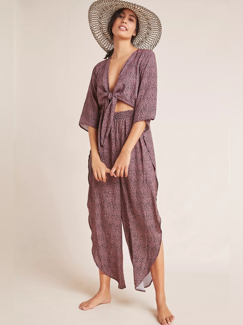 Anthropologie Maaji Tamarino Dusty Rose Tie-Front Wide-Leg Jumpsuit XS